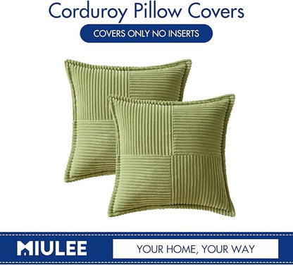 MIULEE Spring Decorative Throw Pillow Covers for Couch Bed Livingroom 18x18 Inch Set of 2 Green Boho Accent Throw Pllows Broadside Striped Patchwork Soft Corduroy Summer Pillowcases