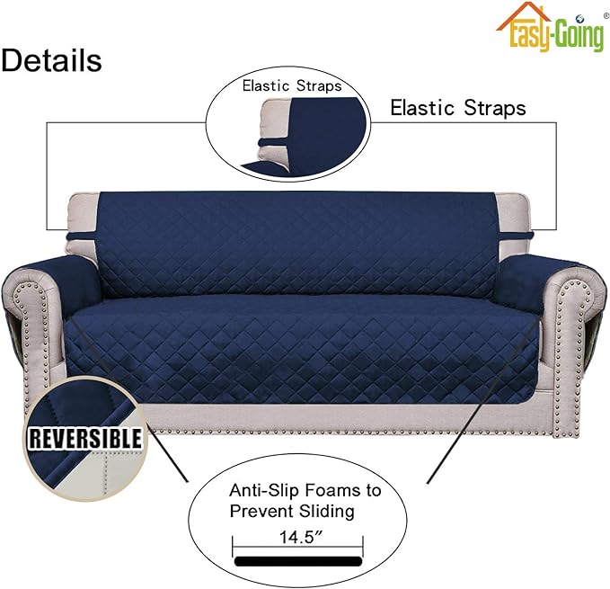 Easy-Going Reversible Couch Cover for 3 Cushion Couch Sofa Cover for Dogs Water Resistant Furniture Protector Cover with Foam Sticks Elastic Straps for Pet Cat (Sofa, Navy/Ivory)