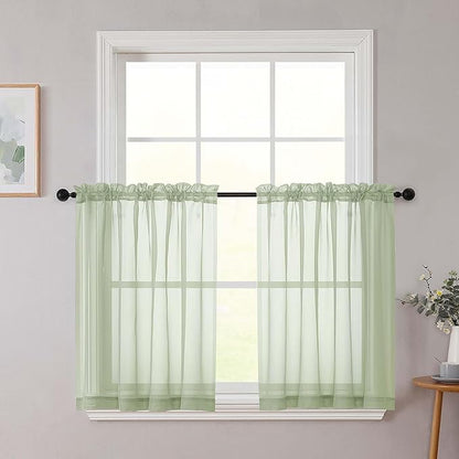 Light Green Kitchen Curtains 30 Inch Length Tier 2 PCS, Solid Soft Airy Half Curtains for Windows, Sheer Rod Pocket Drapes for Bathroom Basement Small Window, Light Green, 42" Wx30 L Inches