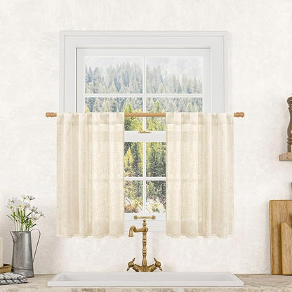 LAMIT Semi Sheer Beige Linen Curtains 36 Inch Length 2 Panels, Light Filtering Panels Back Tab and Rod Pocket Neutral Drapes for Bathroom/Kitchen/Loft Room, 25 x 36 Inch