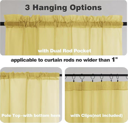 Chyhomenyc Mustard Yellow Short Sheer Curtains 24 inch Length, Light Filtering Half Window Curtians for Kitchen, Elegant Small Curtain for Basement Bathroom Cabinet, 42Wx24L inches, 2 Panels