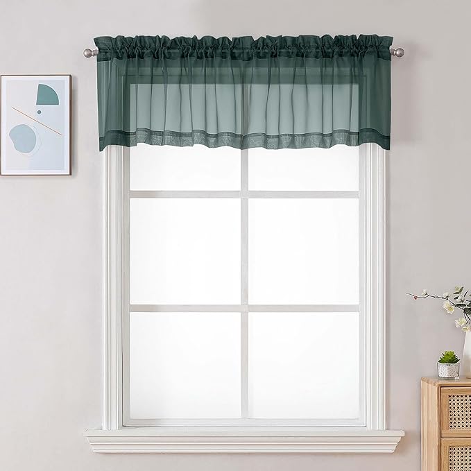 Chyhomenyc Hunter Green Sheer Valances for Windows - Light Filtering Small Kitchen Curtains, Rod Pocket Short Top Window Treatment Decor for Living Room Bathroom Basement, 42Wx16L inches, 2 Panels