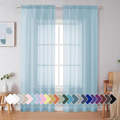 Simplebrand Sky Blue Sheer Curtains 90 Inches Long 2 Panels, Light Filtering Rod Pocket Solid Color Window Sheer Curtain Panels, Elegant Curtains & Drapes for Living Room, Bedroom, 42" W x 90" L