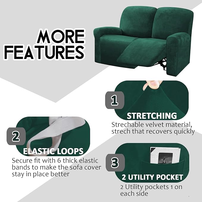 ULTICOR Reclining Love Seat Slipcover, 48" - 65" L, 6-Piece Velvet Stretch Loveseat Reclining Sofa Covers, 2 seat Love seat Recliner Cover, Thick, Soft, Washable, Love seat Slipcovers (Retro Green)