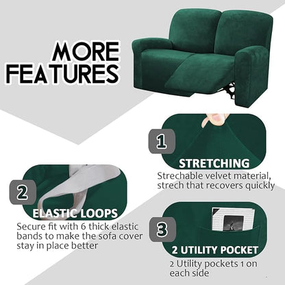 ULTICOR Reclining Love Seat Slipcover, 48" - 65" L, 6-Piece Velvet Stretch Loveseat Reclining Sofa Covers, 2 seat Love seat Recliner Cover, Thick, Soft, Washable, Love seat Slipcovers (Retro Green)