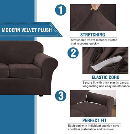 H.VERSAILTEX Modern Velvet Plush 4 Piece High Stretch Sofa Slipcover Sofa Cover Furniture Protector Form Fit Luxury Thick Velvet Sofa Cover for 3 Cushion Couch Width Up to 90 Inch (Sofa,Brown)