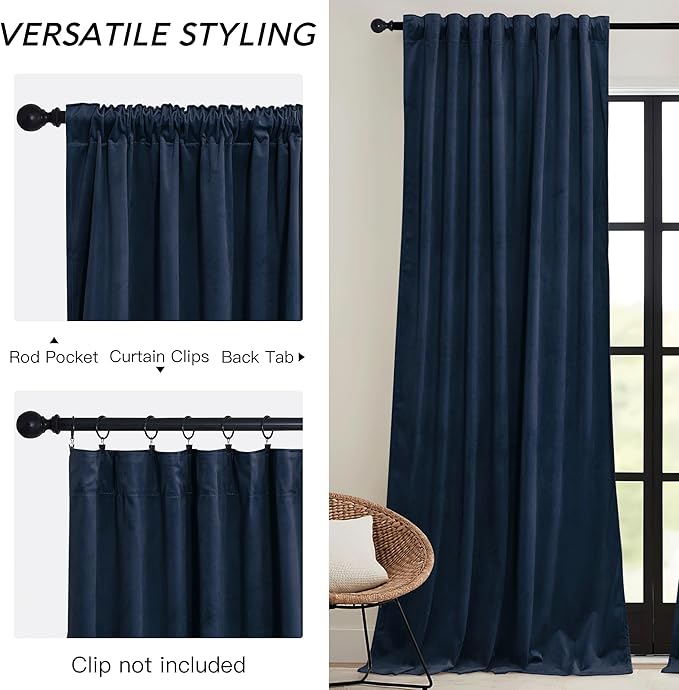 RYB HOME Navy Blue Velvet Curtains 84 inches- Velevt Blackout Curtains for Bedroom, Thermal Insulated Noise Reducing Panels Soft Luxury Window Decor, Navy Blue, W52 x L84 inches, 2 Panels