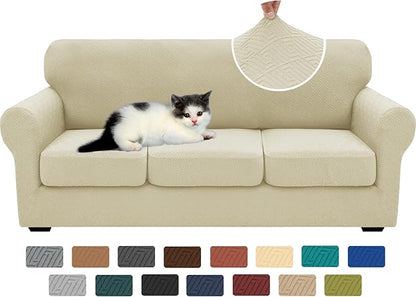 XINEAGE New 4 Pieces Couch Covers for 3 Cushion Couch Super Stretch Thick Soft Sofa Cover Anti Slip Sofa Slipcover Dogs Cats Furniture Protector (Light Beige, 71"-91")