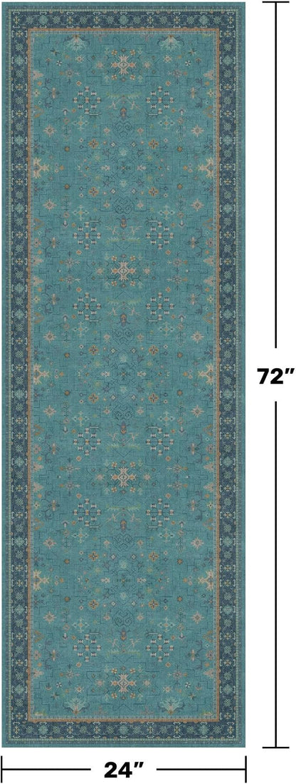 Hazo Haus Boho 2x6 Non Slip Kitchen Rug Runner - Teal Washable Rug for Bathroom, Laundry Room, Hallway, Non Slip with Rubber Backing, Floral Aqua Blue Unique Runner Décor