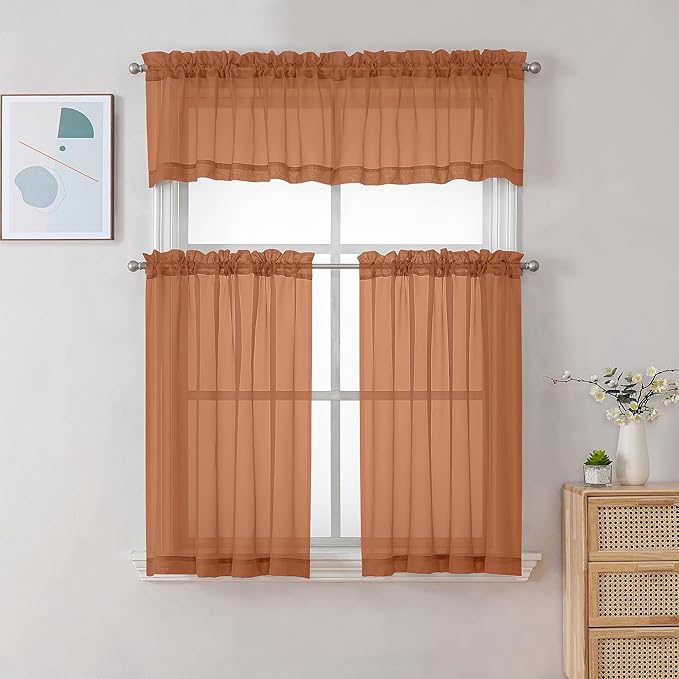Chyhomenyc Orange Sheer Valances for Windows - Light Filtering Small Kitchen Curtains, Rod Pocket Short Top Window Treatment Decor for Living Room Bathroom Basement, 42Wx16L inches, 2 Panels