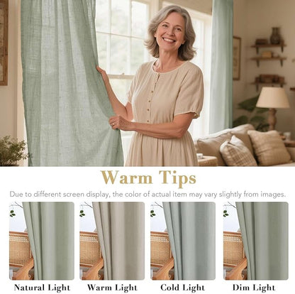 H.VERSAILTEX Living Room Linen Curtains - Semi Sheer, Nickel Grommet Energy Saving Light Filtering Window Treatments Panels for Bedroom, Sea Grass, 2 Panels, 52 x 96 Inch