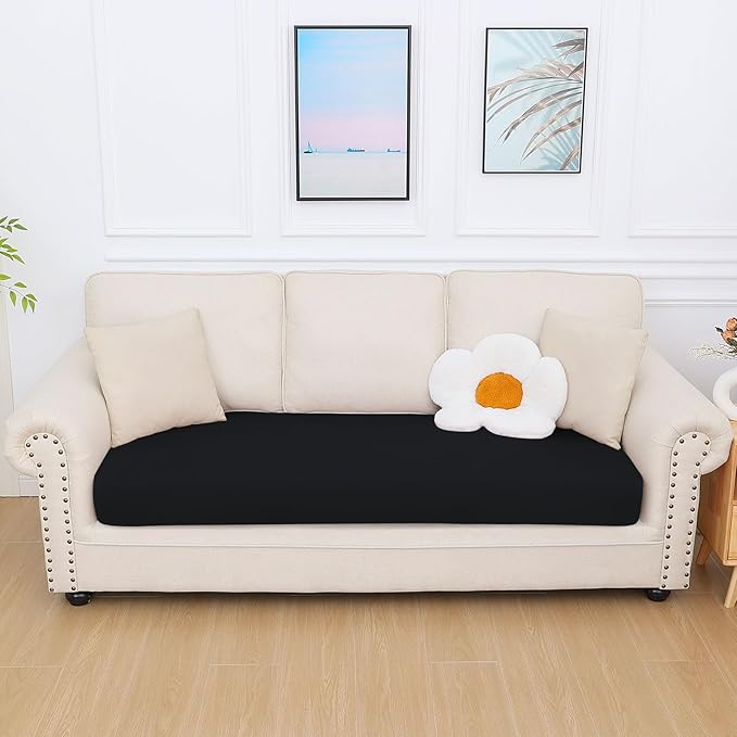 hyha Milk Silk Couch Cushion Covers, Soft Magic Sofa Covers Washable for 3 Cushion Couch, Stretch Sectional Outdoor Cushion Covers for Patio Furniture with Elastic Bottom(Large, Black)