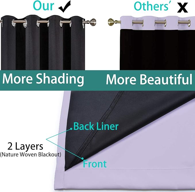 Yakamok Full Blackout Curtains 45 Inches Long,Blackout Curtain Panels for Bedroom, 2 Thick Layers Grommet Top Thermal Insulated Drapes with Black Liner for Living Room(52Wx45L, Lilac, Set of 2)