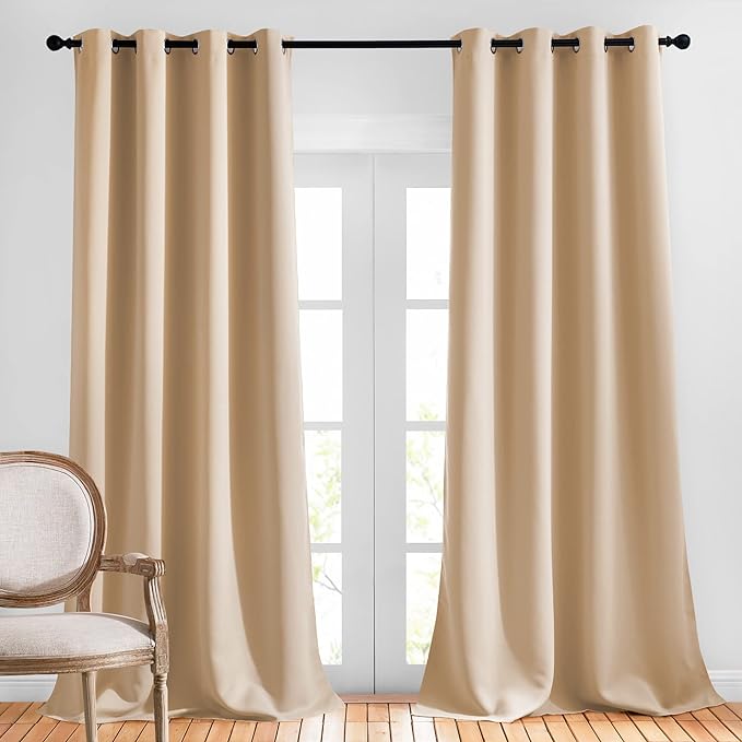 NICETOWN Room Darkening Curtains for Living Room, Grommet Window Treatment Thermal Insulated Solid Sound Reducing Drapes for Bedroom, Biscotti Beige, Set of 2, W52 x L102