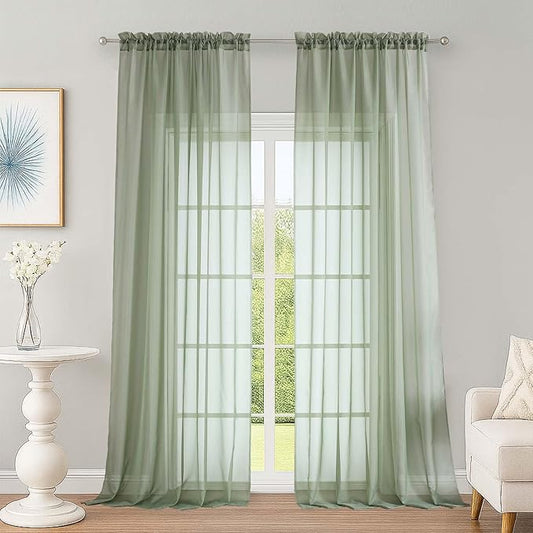 OWENIE Sage Green Sheer Curtains, Sheer Curtains 96 inches Long 2 Panels Set, Rod Pocket Voile Fimly Sheer Drapes for Living Room/Bedroom, 2pcs, Each 59" W x 96" L