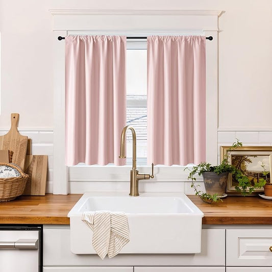 RYB HOME 100% Blackout Short Curtains for Small Window, Thermal Insulated Total Room Darkening Noise Reducing Curtains for Kitchen Bathroom Basement, 42 inches Wide by 36 inches Long, Baby Pink