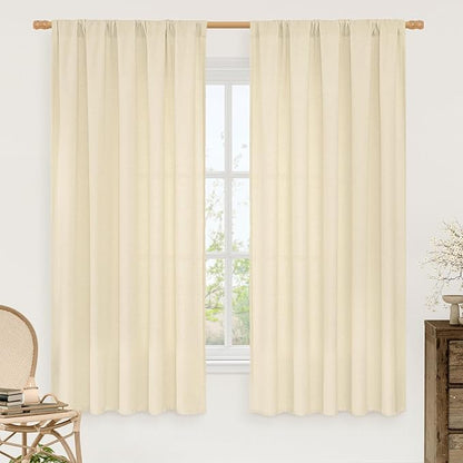 LAMIT Beige Linen Curtains 63 Inch for Bedroom, Light Filtering Neutral Faux Linen Privacy Curtains Rod Pocket Living Room Panels for Small Window, 2 Panels, 52 x 63 Inch, Beige