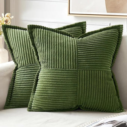 MIULEE Spring Decorative Throw Pillow Covers for Couch Bed Livingroom 18x18 Inch Set of 2 Moss Green Boho Accent Throw Pllows Broadside Striped Patchwork Soft Corduroy Summer Pillowcases