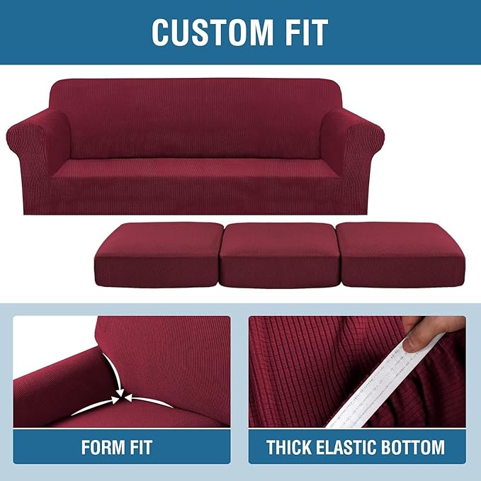 H.VERSAILTEX 4 Piece Stretch Sofa Covers for 3 Cushion Couch Covers for Living Room Furniture Slipcovers (Base Cover Plus 3 Seat Cushion Covers) Thicker Jacquard Fabric (Large Sofa, Burgundy)