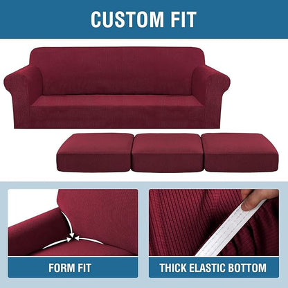 H.VERSAILTEX 4 Piece Stretch Sofa Covers for 3 Cushion Couch Covers for Living Room Furniture Slipcovers (Base Cover Plus 3 Seat Cushion Covers) Thicker Jacquard Fabric (Large Sofa, Burgundy)