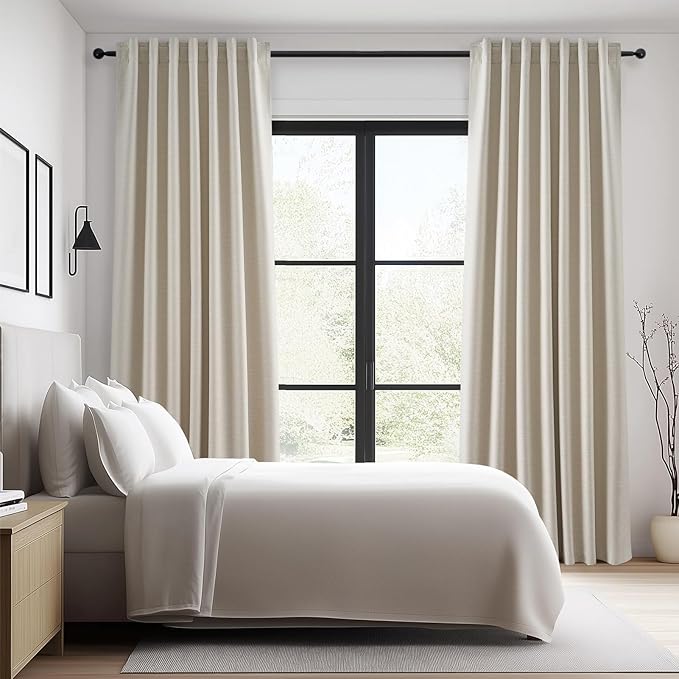 Topfinel Linen Blackout Curtains 86 Inches Long for Bedroom 2 Panels Set 100% Blackout Drapes for Living Room Window Treatment Modern Farmhouse Back Tab Rod Pocket Beige White Drapes
