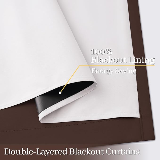 Yakamok 100% Blackout Curtain Panels 63 inches Cold and Light Blocking Drapes for Nursery, 2 Thick Layers Thermal Insulated Draperies (2 Pieces, 50 Wide Each Panel, Brown/White Backing)