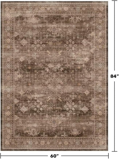 Hazo Haus Boho Taupe Brown 5x7 Living Room Rug - Modern Vintage Traditional Oriental Neutral, Washable Low Pile Non-Slip Large Area Rugs for Nursery Dining Under Table