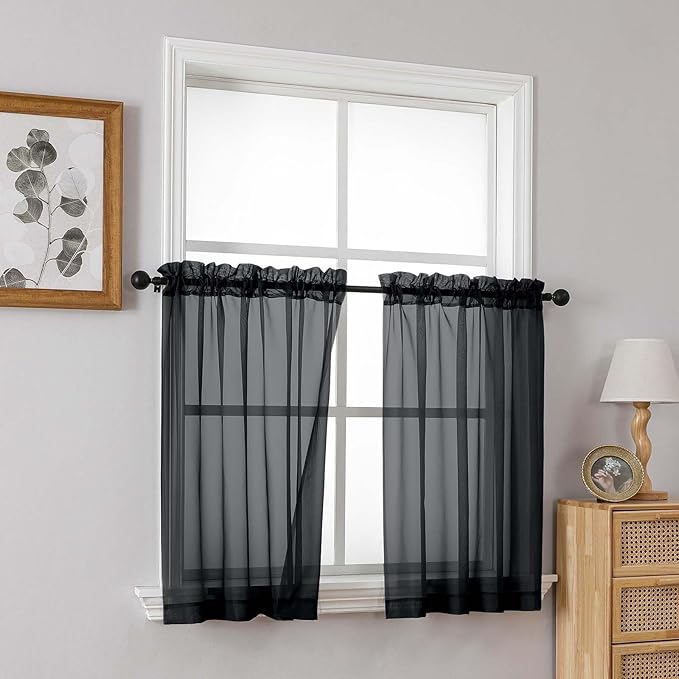 Black Sheer Curtains Tier 30 Inches Length 2 Panels Set, Light Filtering Lightweight Soft Window Treatments Drapes, Cute Elegant Cafe Curtains for Nursery, Dual Rod Pocket, 2x42Wx30L Inches