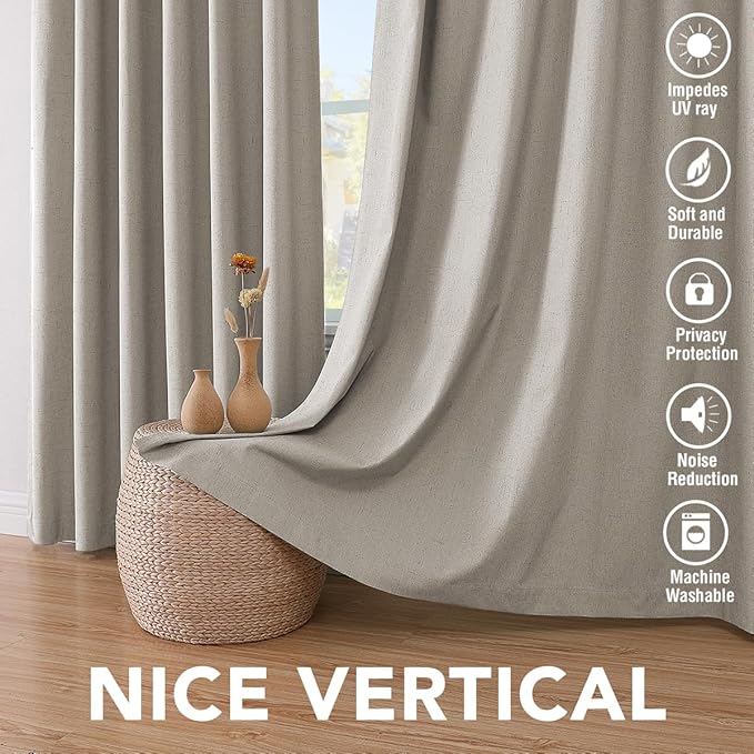 H.VERSAILTEX Linen Blackout Curtains 96 Inches, 100% Absolutely Blackout Thermal Insulated Textured Linen Look Curtain Draperies Anti-Rust Grommet with White Liner, 2 Panels, Stone