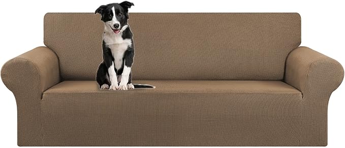 KEKUOU Stretch Oversized Sofa Slipcover 1 Piece Couch Sofa Cover (94"-110") Furniture Protector 4 Seater Sofa with Elastic Bottom for Kids,Pet.Jacquard Checked Pattern Fabric(X Large,Camel)