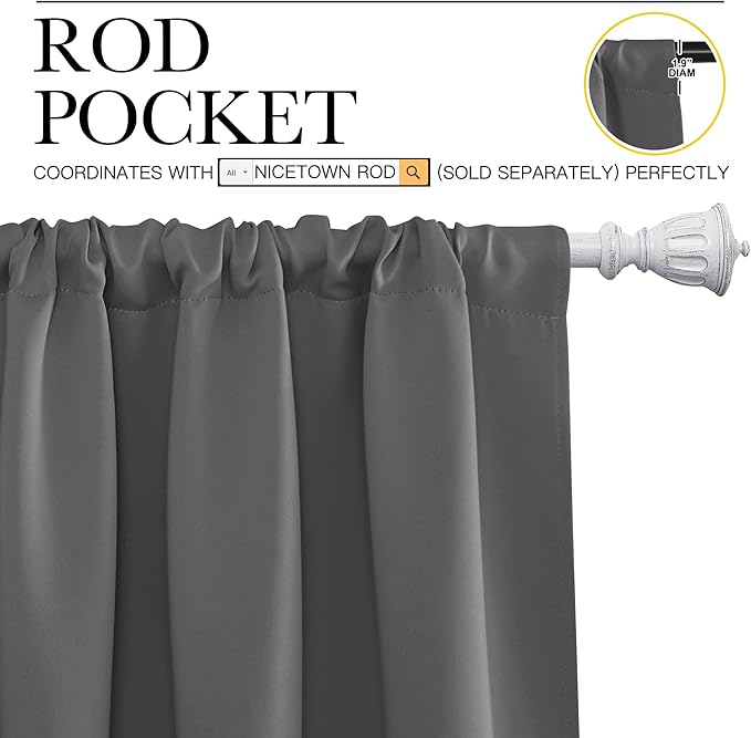 NICETOWN Grey Window Curtains for Bedroom - Home Decoration Thermal Insulated Rod Pocket Blackout Blinds & Drapes for Small Windows (Gray, 2 Panels, W34 x L40 -Inch)