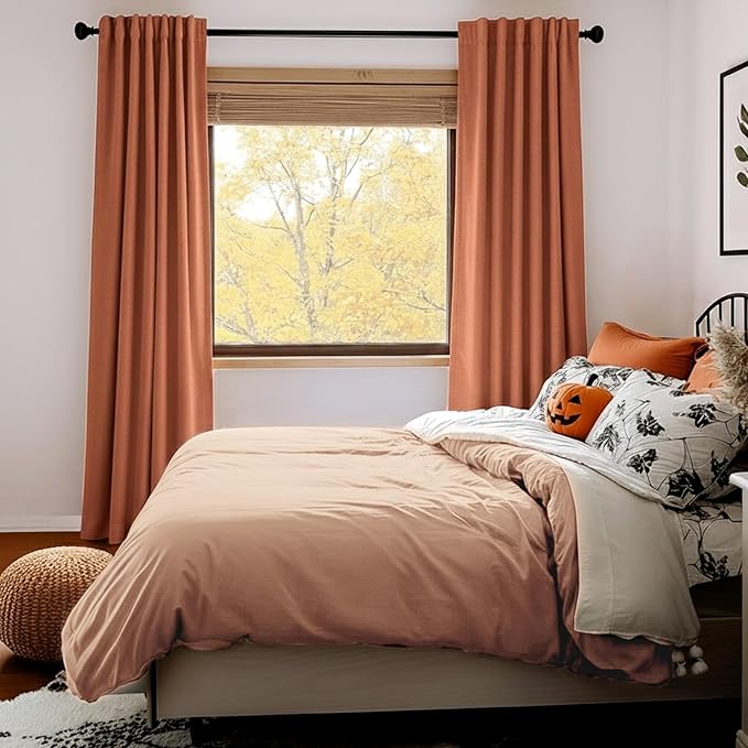 100% Blackout Shield Linen Blackout Curtains for Bedroom 90 Inches Long, Back Tab/Rod Pocket Living Room Drapes, Thermal Insulated Blackout Curtains 2 Panels Set, 50" W x 90" L, Burnt Orange