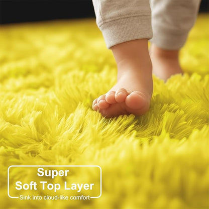 Amdrebio Yellow Circle Round Rug 6Ft for Living Room Bedroom, Fluffy Fuzzy Shag Furry Area Rugs for Baby Kids Room Decor Aesthetic, Cute Plush Kawaii Carpet for Classroom Nursery Teen Girls Boys