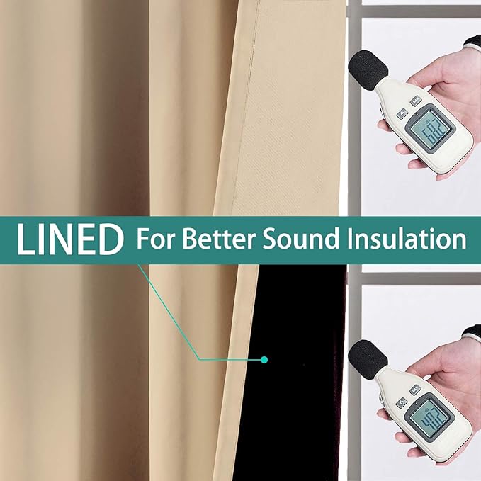 Yakamok 108 Inches Long Thermal Insulated 100% Blackout Curtains for Bedroom with Black Liner, Double Layer Full Room Darkening Noise Reducing Grommet Drapes for Living Room(52Wx108L, Beige, 2 Panels)