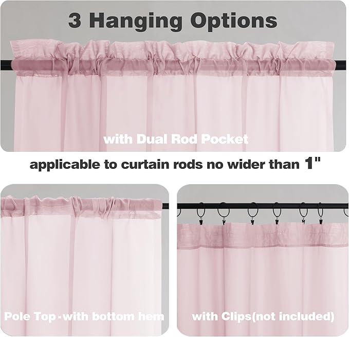 Chyhomenyc Sheer Valances for Windows 2 Pack, Small Window Curtains for Living Room Bathroom Cafe Laundry Basement, Modern Top Dual Rod Pocket Voile Curtain, 42W x 18L inches, Blush Pink
