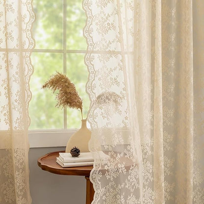 YJ YANJUN Vintage Lace Curtains 108 Inches Long-Victorian Floral Beige Sheer Curtains for Living Room Bedroom Light Filtering Drapes Antique Shabby Chic Cottage Core Decor 9ft W52 X L108 Light Brown