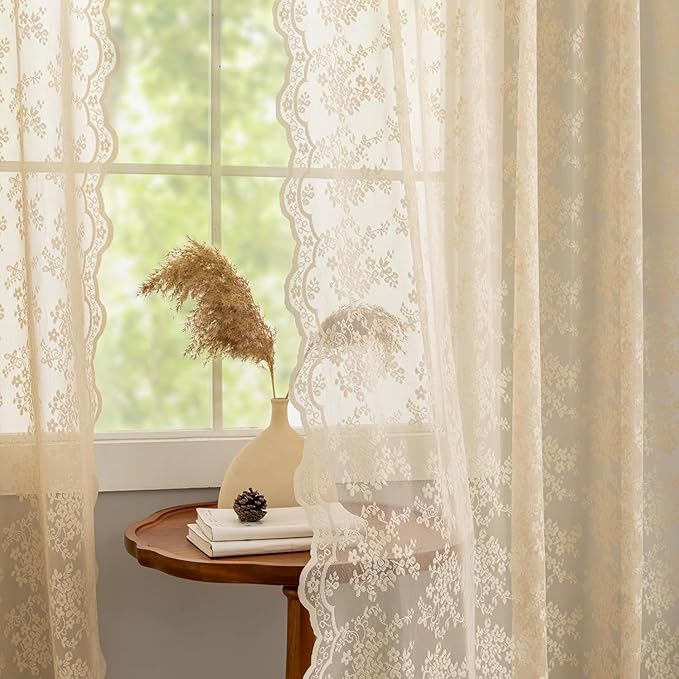 YJ YANJUN Vintage Lace Curtains 45 Inch Length- Cute Floral Cafe Curtains for Living Room Bathroom Kitchen Small Window Cabinet Rod Pocket Light Filtering W52 X L45 Beige