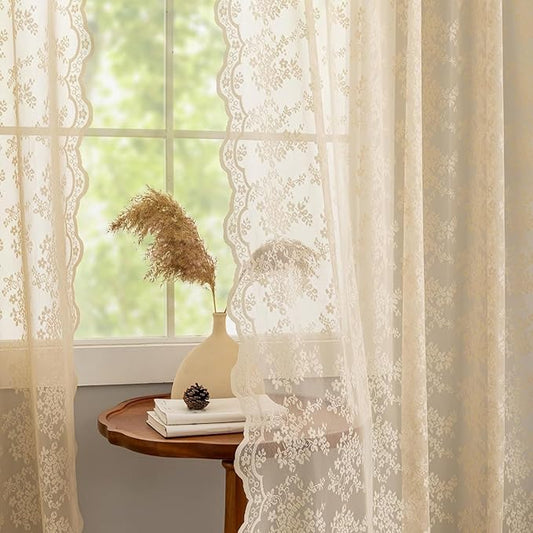 YJ YANJUN Vintage Lace Curtains-Victorian Floral Sheer 80 inch Long Curtains for Closet Without Door Living Room Hallway Light Filtering Retro Closet Door Covering Ideas 1 Pair W52 X L80 Light Beige