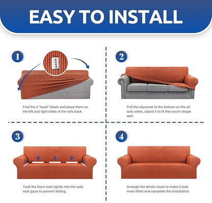 KEKUOU Stretch Oversized Sofa Slipcover 1 Piece Couch Sofa Cover (94"-110") Furniture Protector 4 Seater Sofa with Elastic Bottom for Kids,Pet.Jacquard Checked Pattern Fabric(X Large,Pureed Pumpkin)