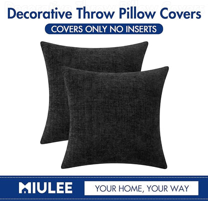 MIULEE Halloween Pack of 2 Couch Throw Pillow Covers 18x18 Inch Soft Black Chenille Pillow Covers for Sofa Living Room Solid Dyed Pillow Cases