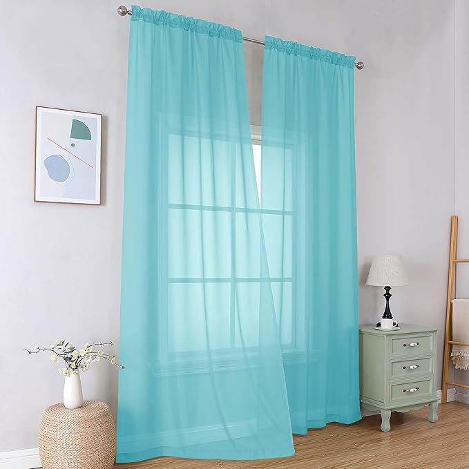 Simplebrand Aqua Short Sheer Curtains 45 Inch Length for Small Windows, Rod Pocket 2 Panels Set Solid Voile Drapes Window Sheer Curtains for Bedroom Bathroom Kids Room Kitchen, 42x45 Inch, Aqua
