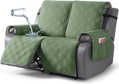 TAOCOCO 100% Waterproof Loveseat Recliner Covers 2 Seater, Split Loveseat Covers for Reclining loveseat, Non Slip Reclining Couch Cover with Double Straps for Kids, Pets(2 Seater, Bean Green)