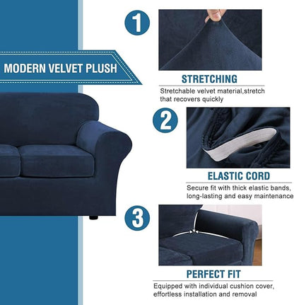 H.VERSAILTEX High Stretch Sofa Slipcover 4 Piece Cover Velvet Furniture Protector Form Fit Thick Velvet Extra Large Sofa Cover for 3 Cushion Couch Width Up to 97 Inch (Large Sofa, Navy)
