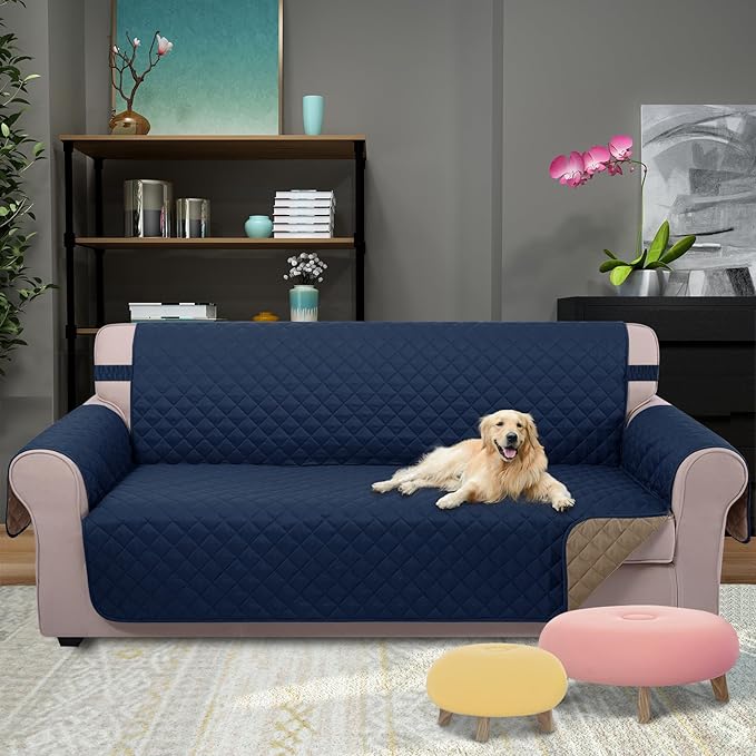 U-NICE HOME Large Sofa Cover Reversible Couch Cover for Dogs with Elastic Straps Water Resistant Furniture Protector for Pets Couch Cover for 4 Cushion Couch (Oversized Sofa, Navy/Taupe)