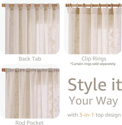 jinchan Evelyn Embroidered Linen Curtains 63 inch Floral Curtains for Living Room Bedroom Farmhouse Cottagecore Semi Sheer Light Filtering Window Drapes Rod Pocket Back Tab 2 Panels W50 x L63 Ivory