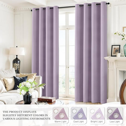 Yakamok Lilac 100% Blackout Curtains 72 Inches Long with 2 Thick Layers-Light Purple Room Darkening Thermal Insulated Window Curtain Set of 2 Panels for Bedroom Living Room 52x72 Inches,Lavender