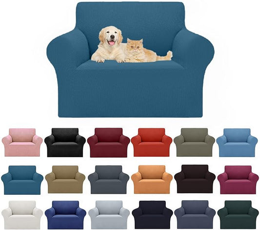 Cupuamon 2026 New Stretch Chair Sofa Slipcovers Couch Cover for 1 Seater Furniture Protector Sofa Covers with Elastic Bottom Jacquard Fabric Small Checks for Pets, Kids - Peacock Blue