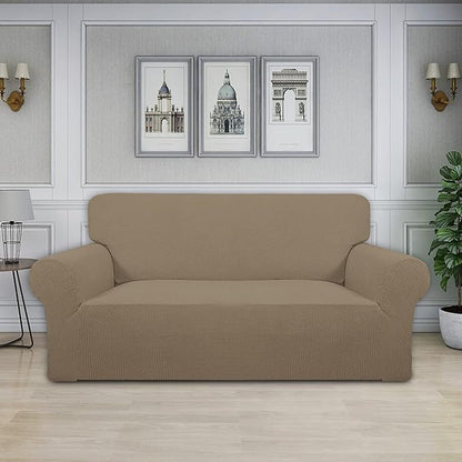 Easy-Going Stretch Oversized Loveseat Slipcover 1-Piece Sofa Cover Furniture Protector Couch Soft with Elastic Bottom for Kids Polyester Spandex Jacquard Fabric Small Checks Natural
