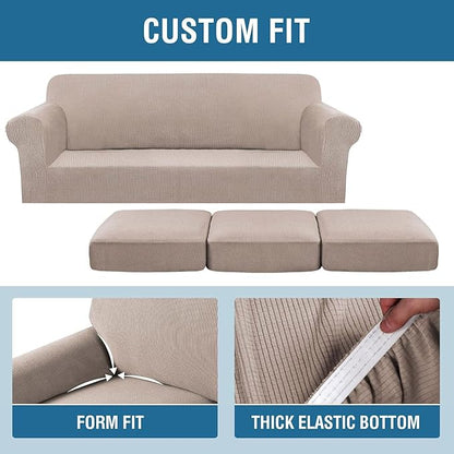 4 Piece Stretch Sofa Covers for 3 Cushion Couch Covers Furniture Slipcovers (1 Base Cover Plus 3 Seat Cushion Covers) Thicker Jacquard Fabric Cover (XL Sofa, Khaki Sand)