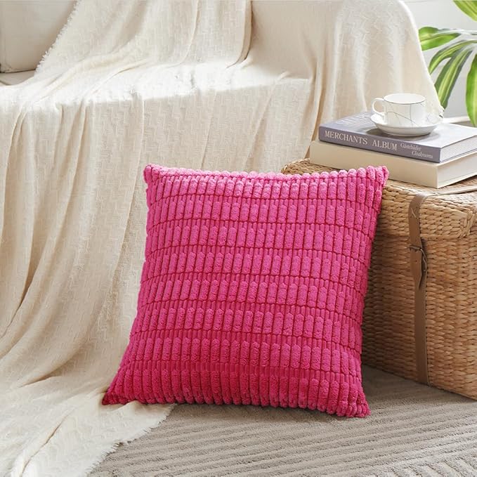 Fancy Homi 4 Packs Boho Hot Pink Decorative Throw Pillow Covers 20x20 Inch for Couch Bed Sofa, Rustic Modern Farmhouse Home Decor, Soft Plush Corduroy Square Cute Cushion Case 50x50 cm